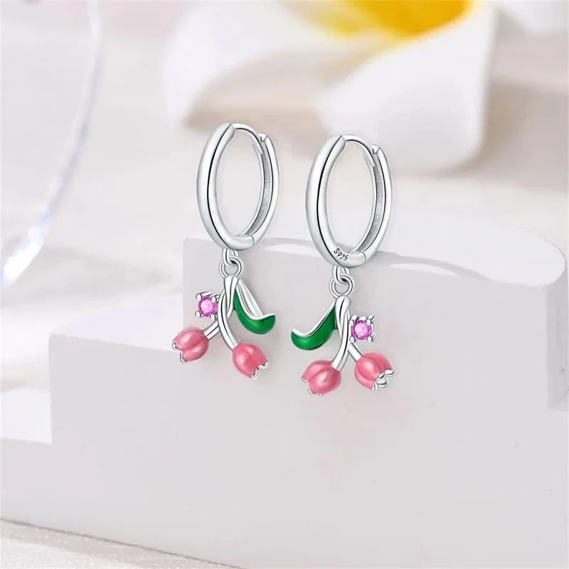 Pink Lily of the Valley Dangle Hoop Earrings