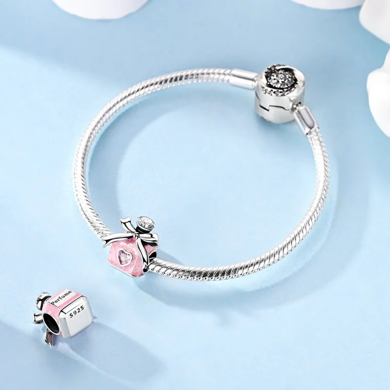 Pink Enamel Perfume Bottle with Bow & Heart Charm