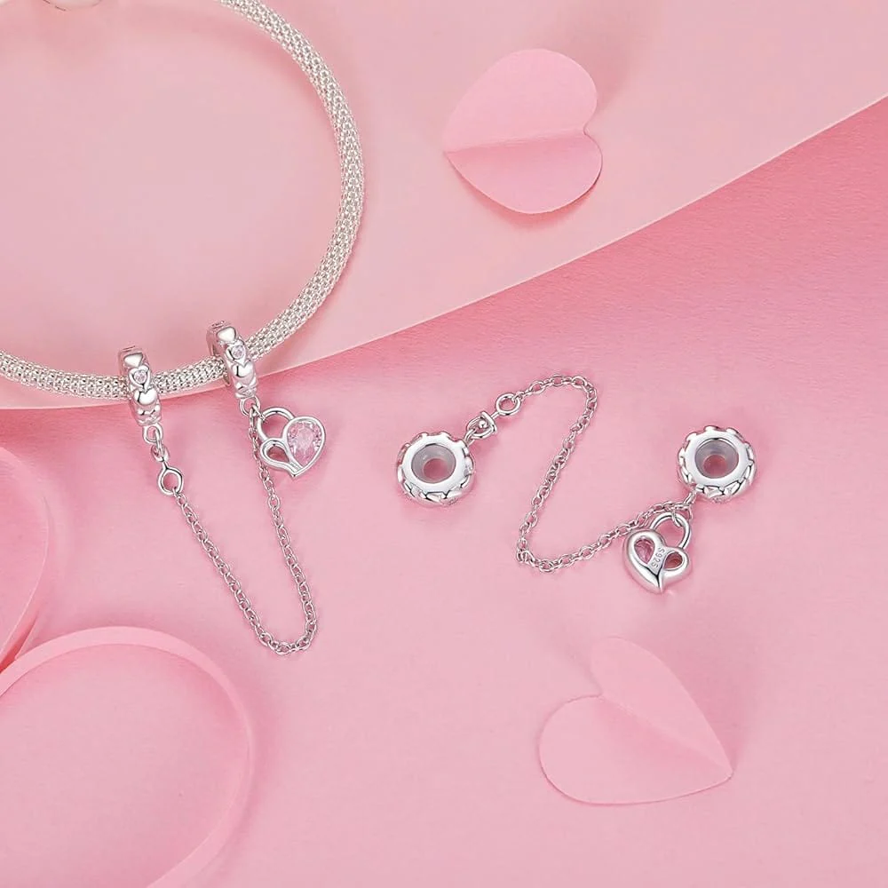 Delicate Pink Crystal Heart Safety Chain Charm