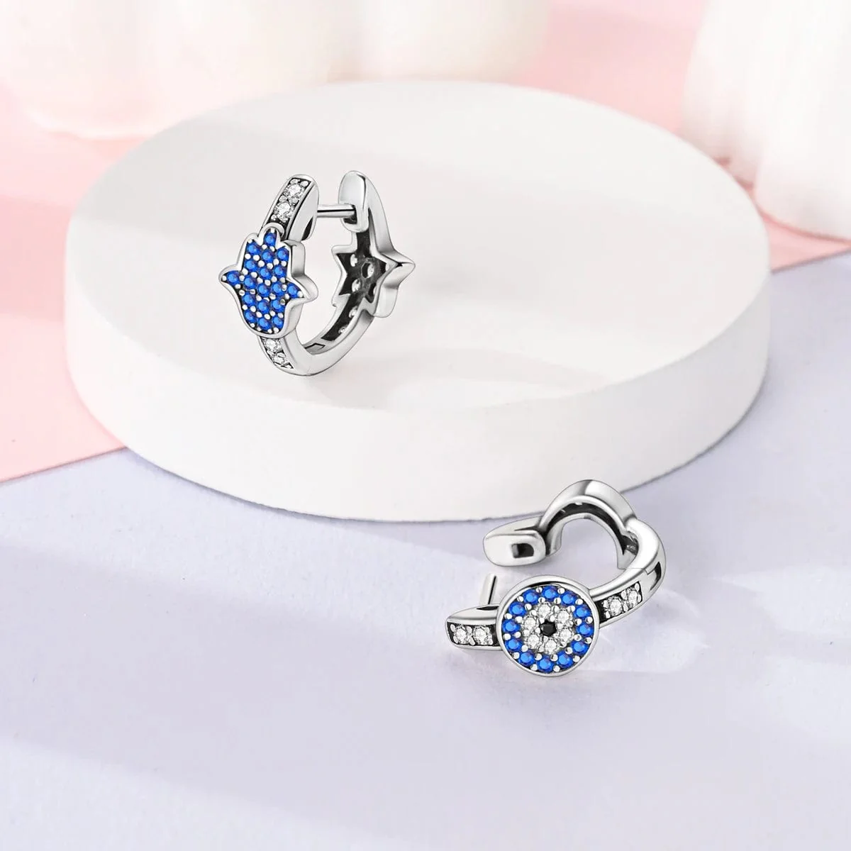 Hamsa & Evil Eye Hoop Earrings with Blue Crystals