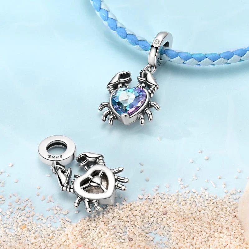 Crab with Heart-Shaped Crystal Dangle Charm