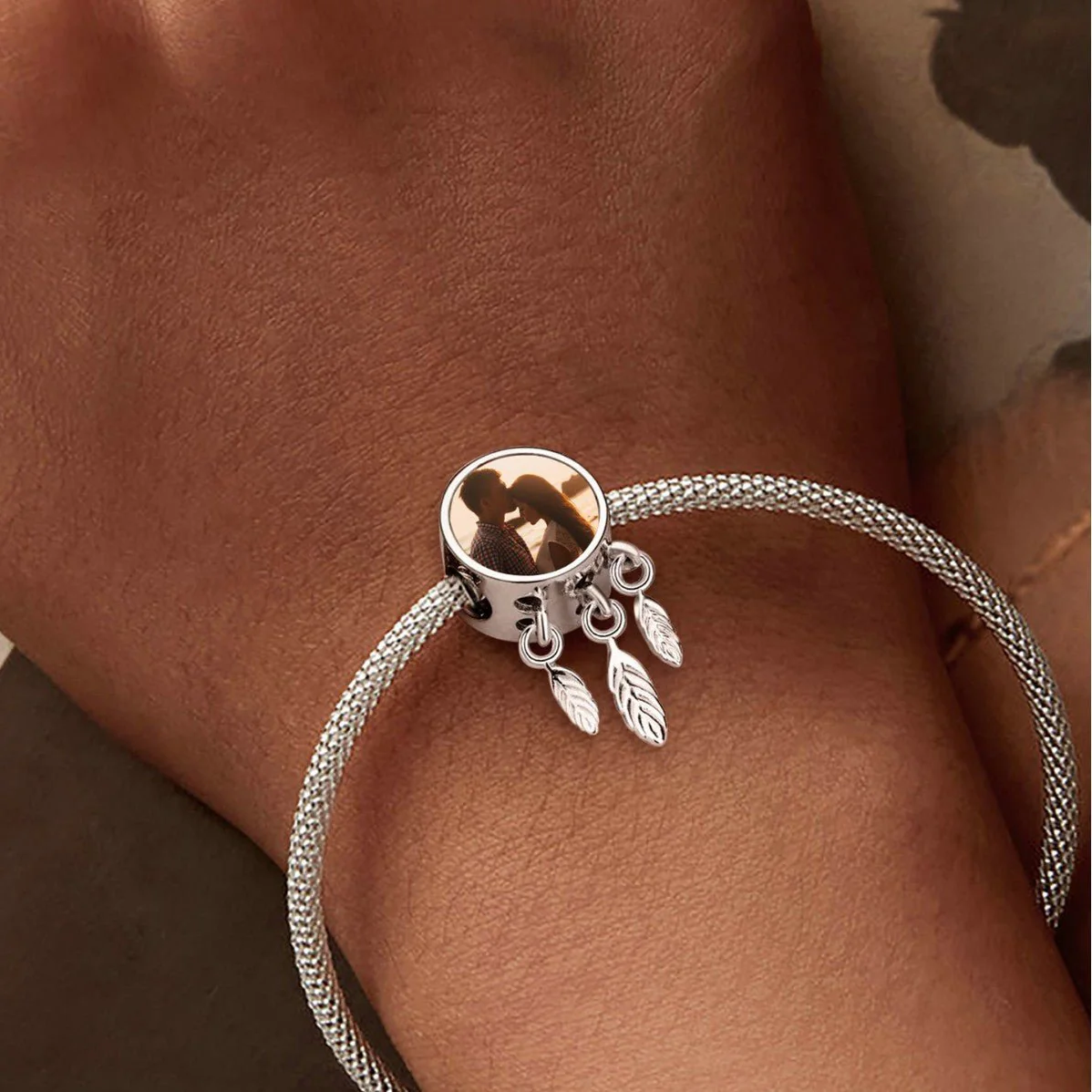 Personalized Photo Charm with Feather Pendants