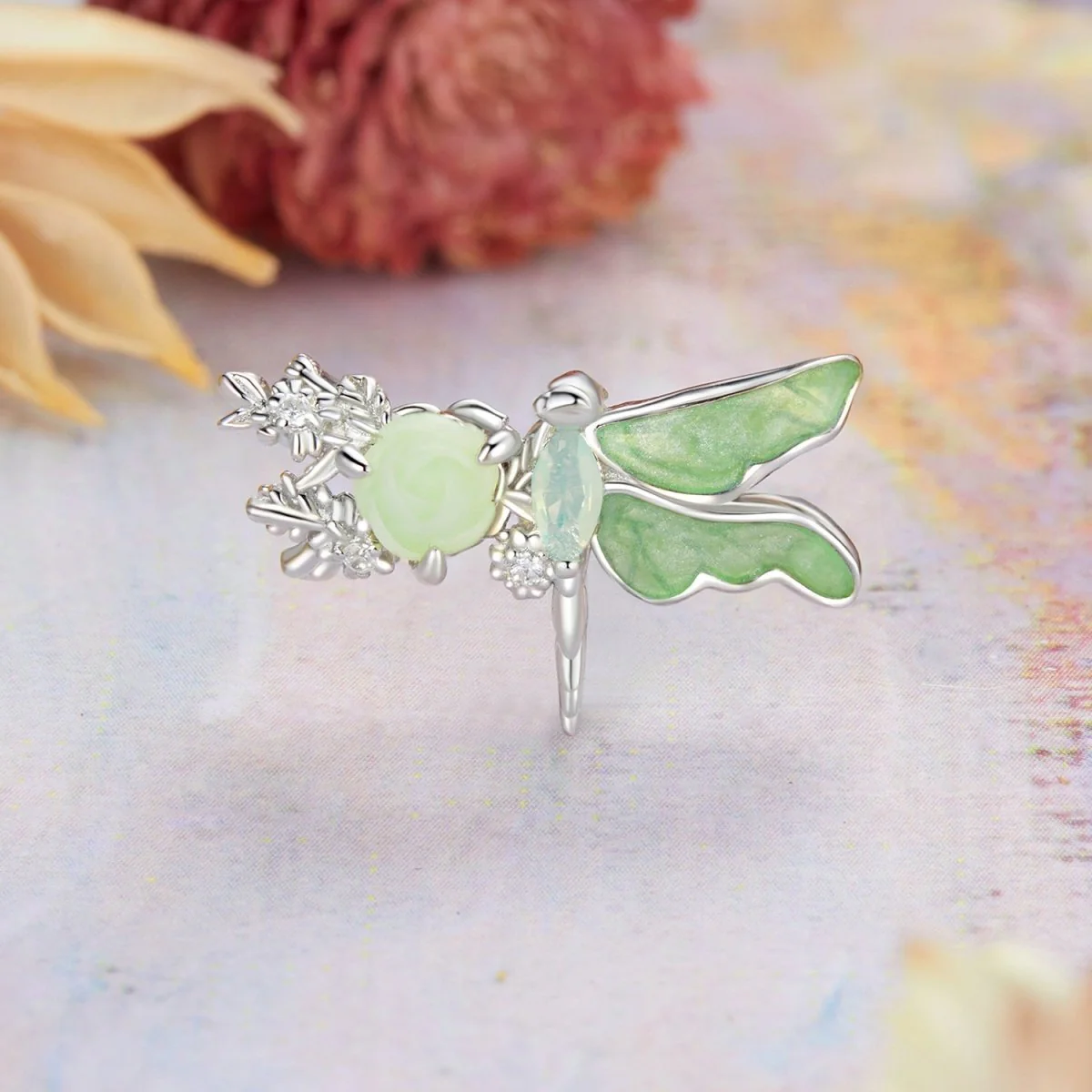 Green Dragonfly and Rose Charm