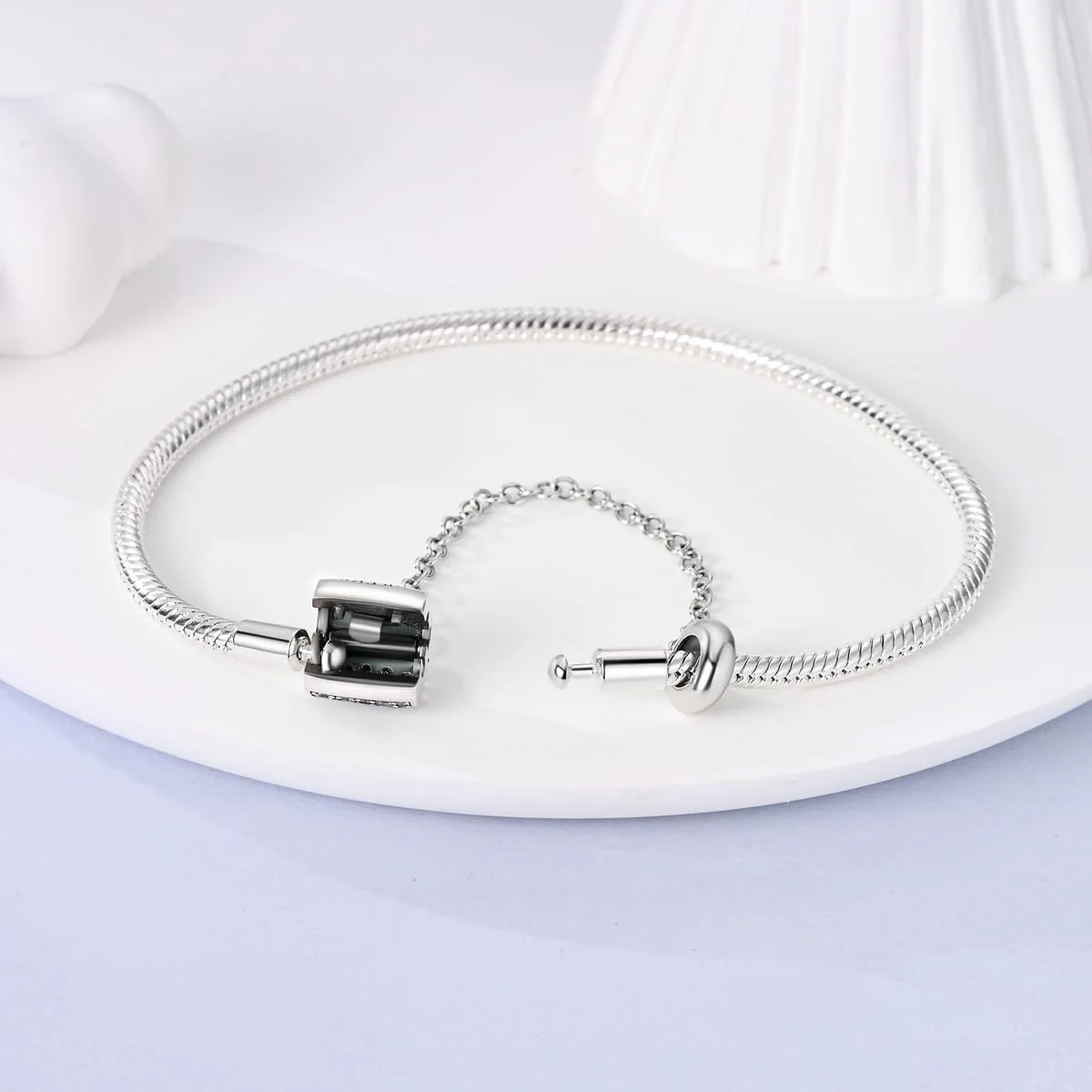 Sterling Silver Bracelet with Sparkling Pavé Clasp and Safety Chain