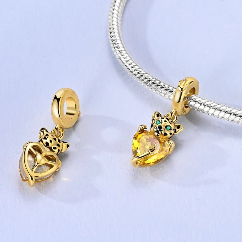Golden Leopard with Yellow Heart Dangle Charm