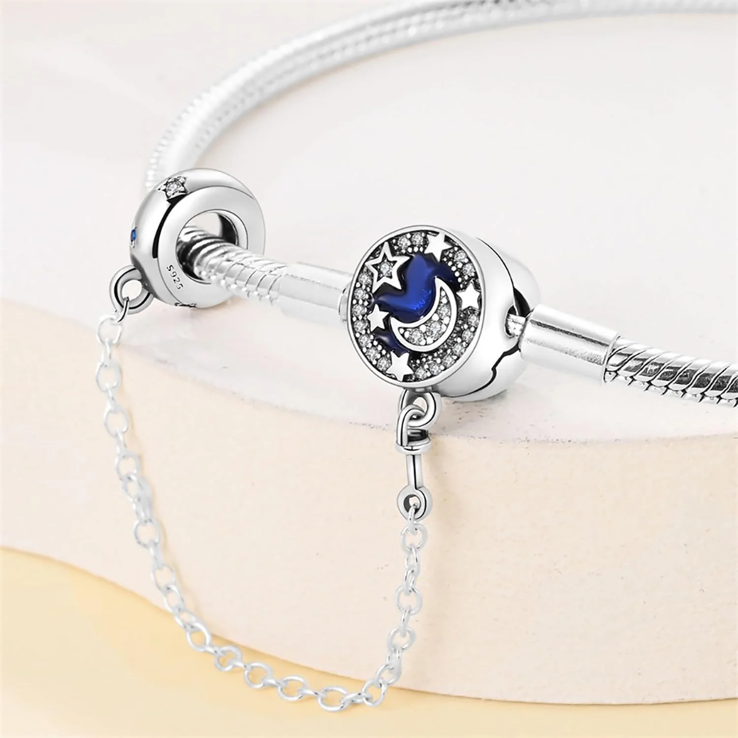 Crescent Moon with Star Bracelet, Blue Enamel and Crystal Accents