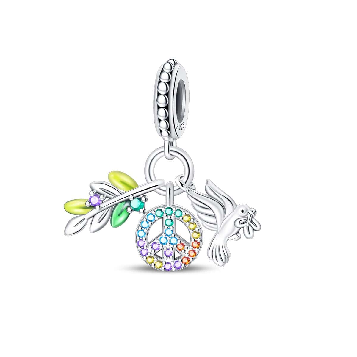 Rainbow Peace Sign with Dove and Olive Branch Charm