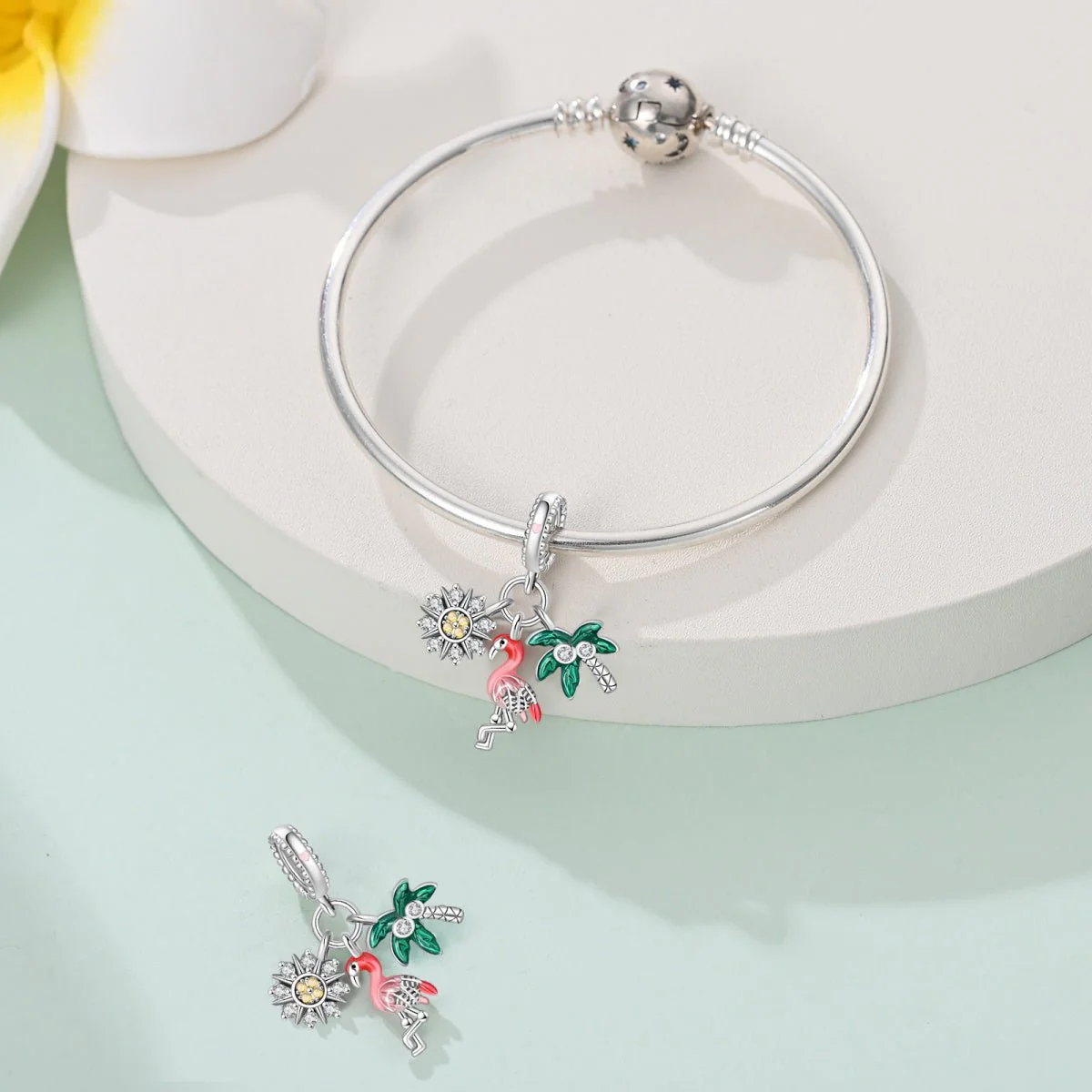 Flamingo, Palm Tree & Sunflower Triple Dangle Charm