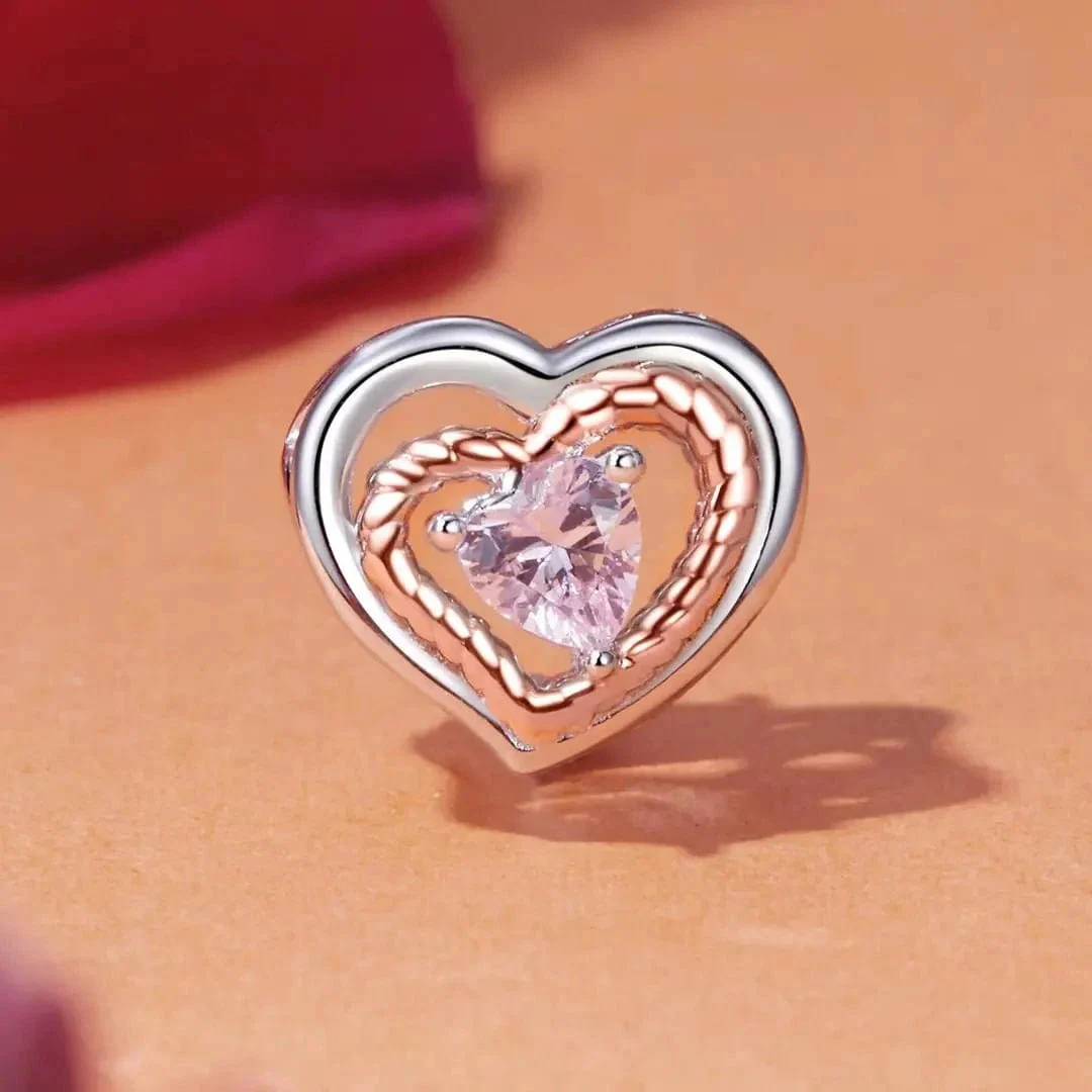 Intertwined Rose Gold & Silver Heart with Pink Crystal Heart Charm