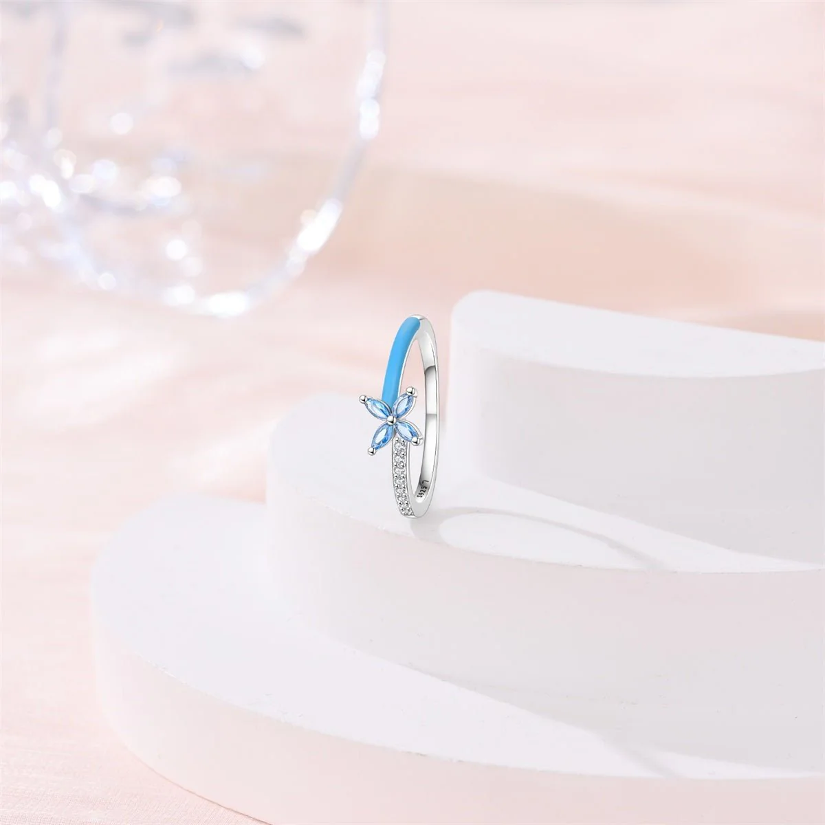 Blue Enamel & Sparkling Flower Ring