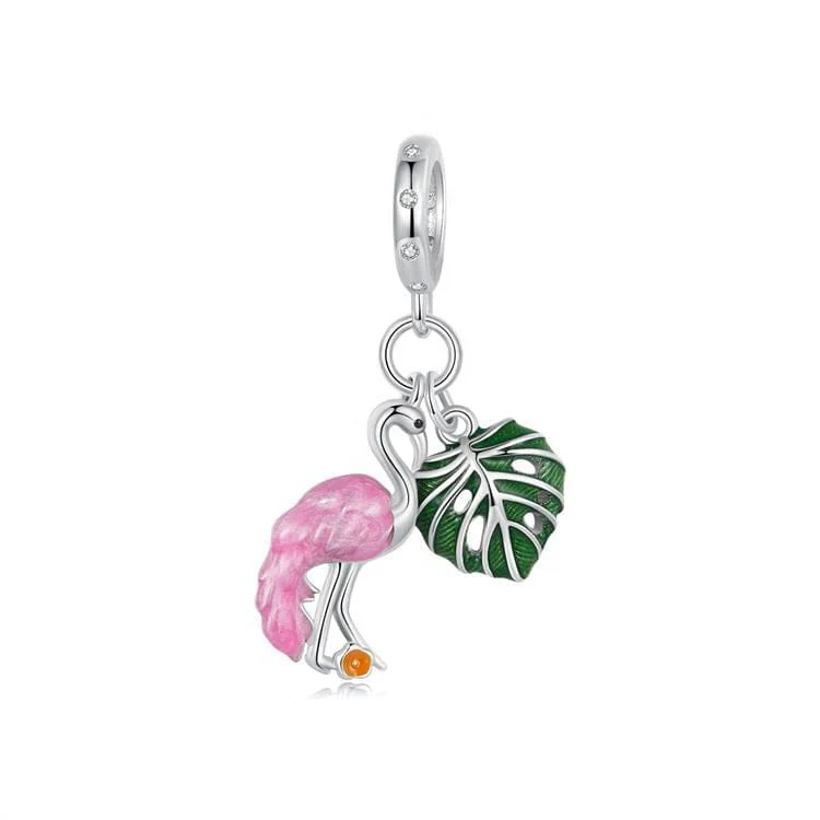 Flamingo & Monstera Leaf Dangle Charm