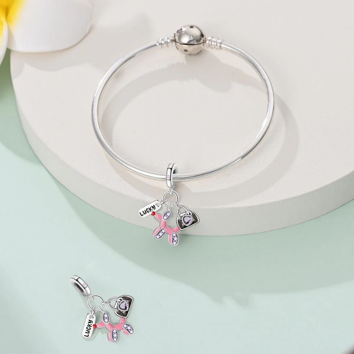 Lucky Balloon Animal, Heart Bag, & Lucky Tag Triple Dangle Charm