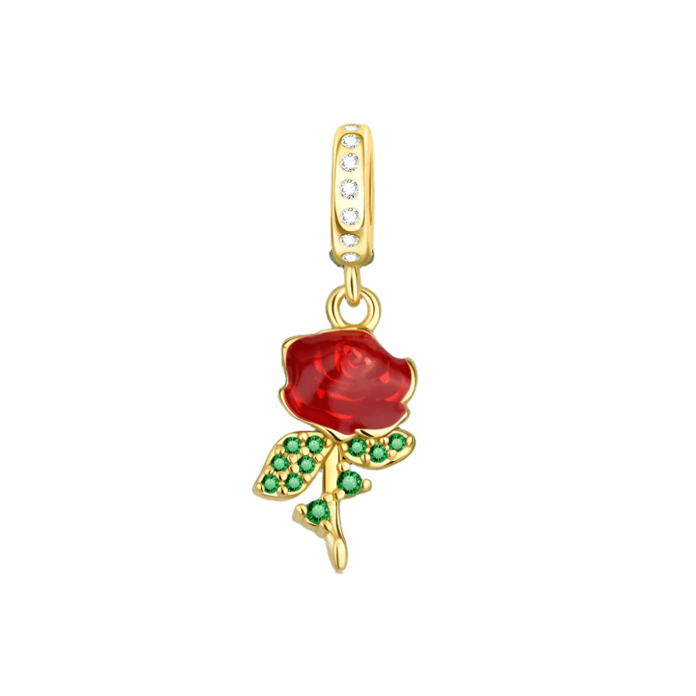 Red Rose Charm with Green Crystal Leaves
