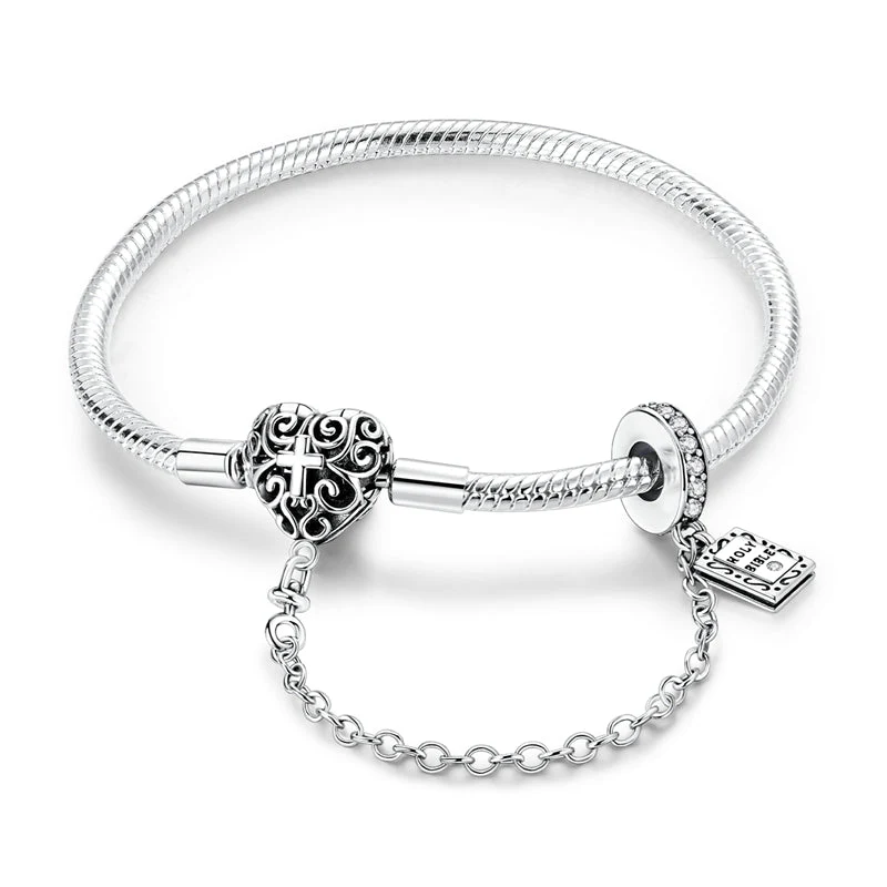 Heart & Cross Charm Bracelet with Bible Safety Chain