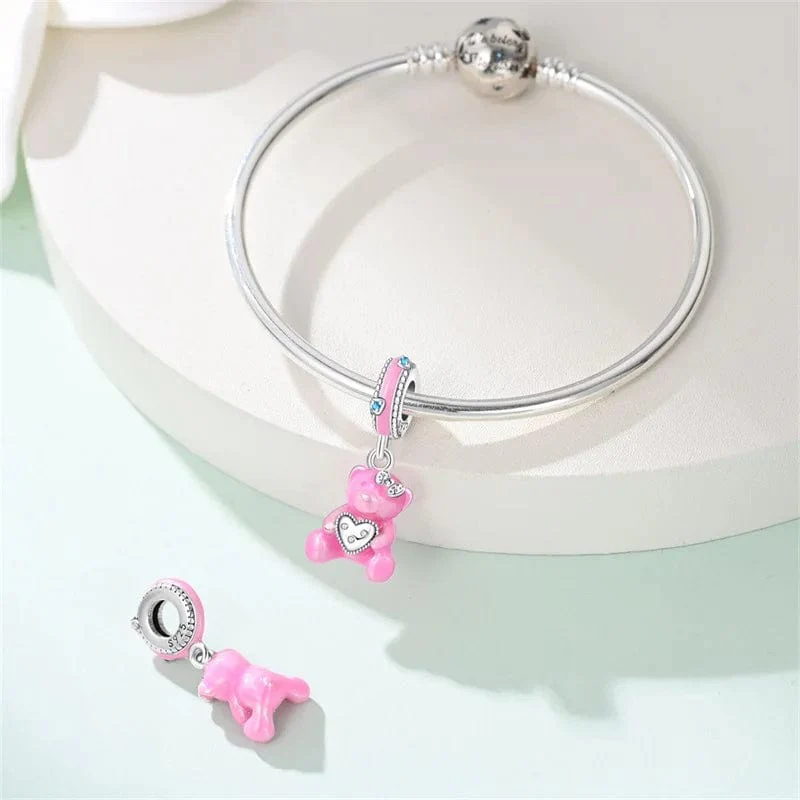 Pink Teddy Bear & Heart Dangle Charm