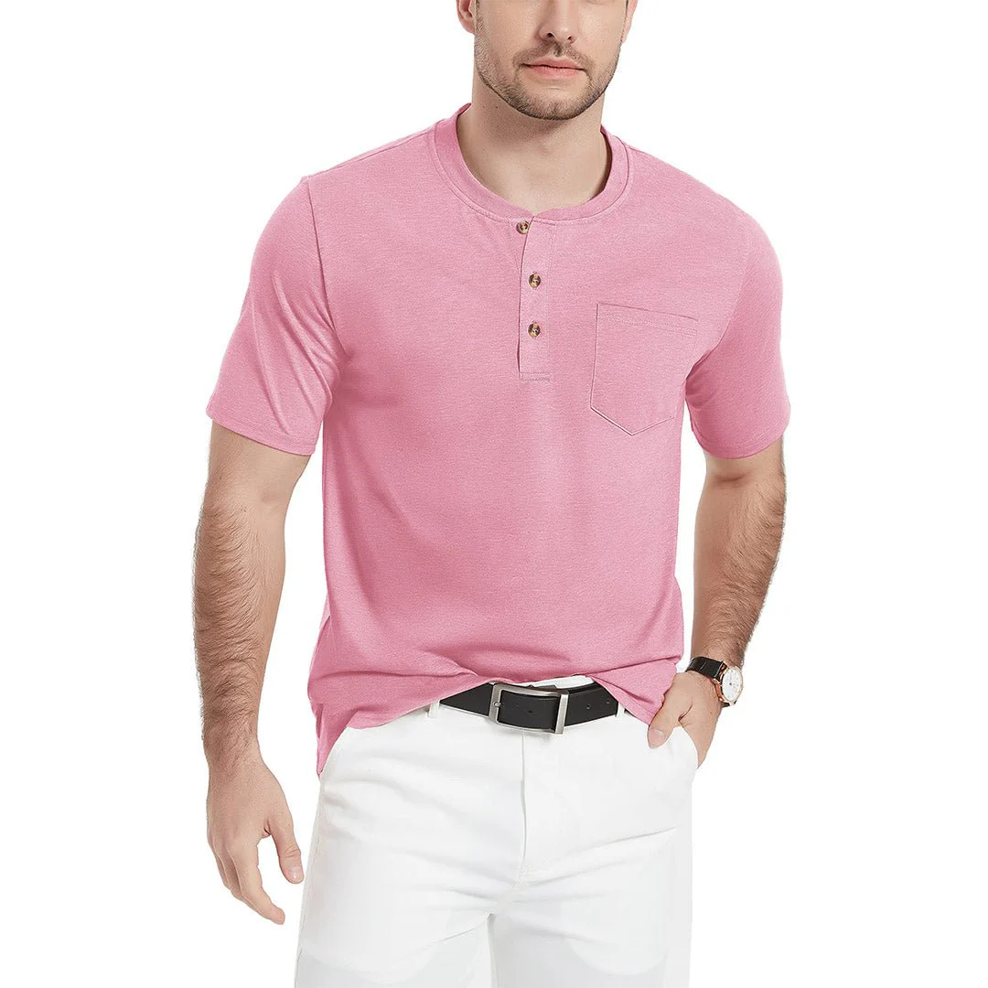 Men's Cotton Casual Henley T-Shirt with Pocket