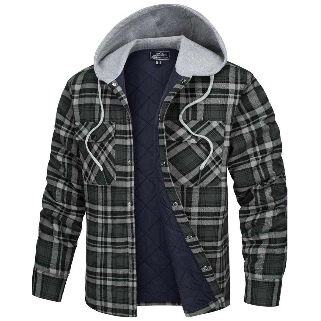Men's Hooded Thick Plaid Flannel Long Sleeve Winter Cotton Coat with Pockets