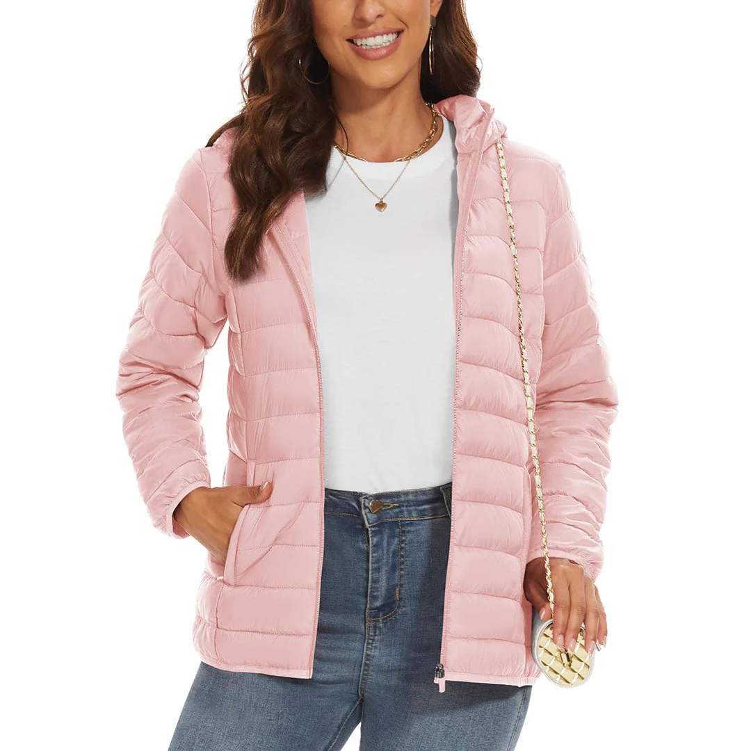Women's Lightweight Puffer Full-zip Water-Resistant Winter Coat with Hood