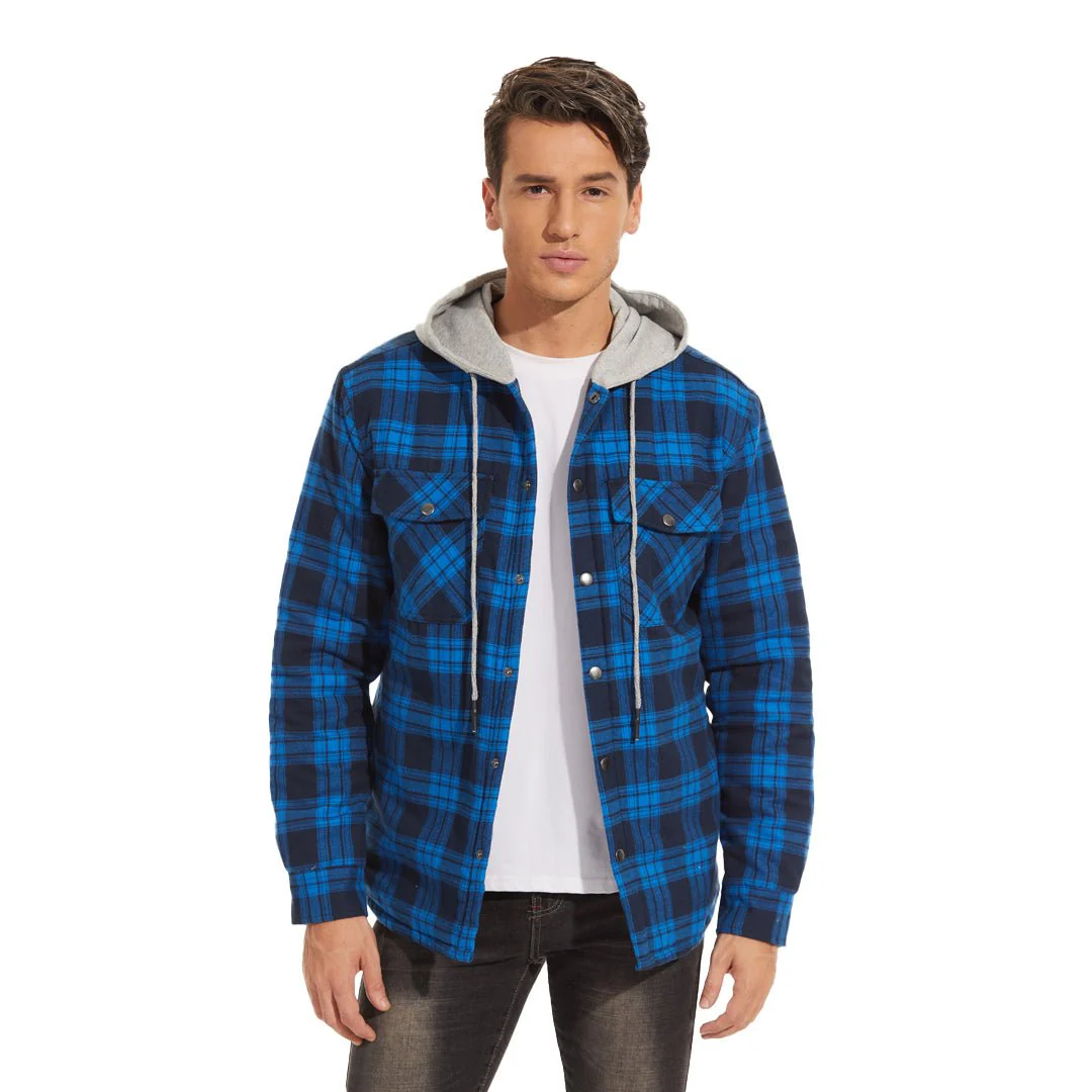 Men's Hooded Thick Plaid Flannel Long Sleeve Winter Cotton Coat with Pockets