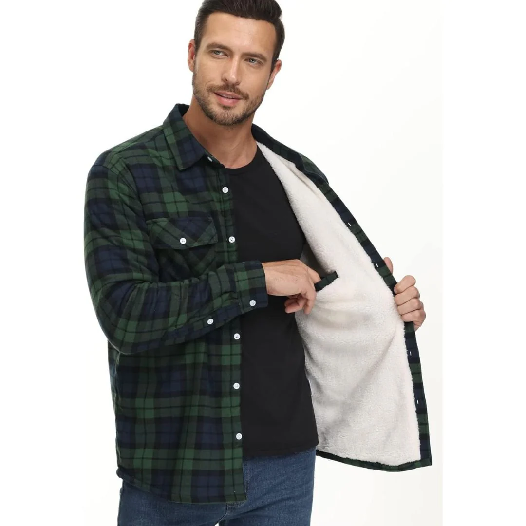 Men's Fleece Jackets Flannel Work Shirt Casual Button Down Coat
