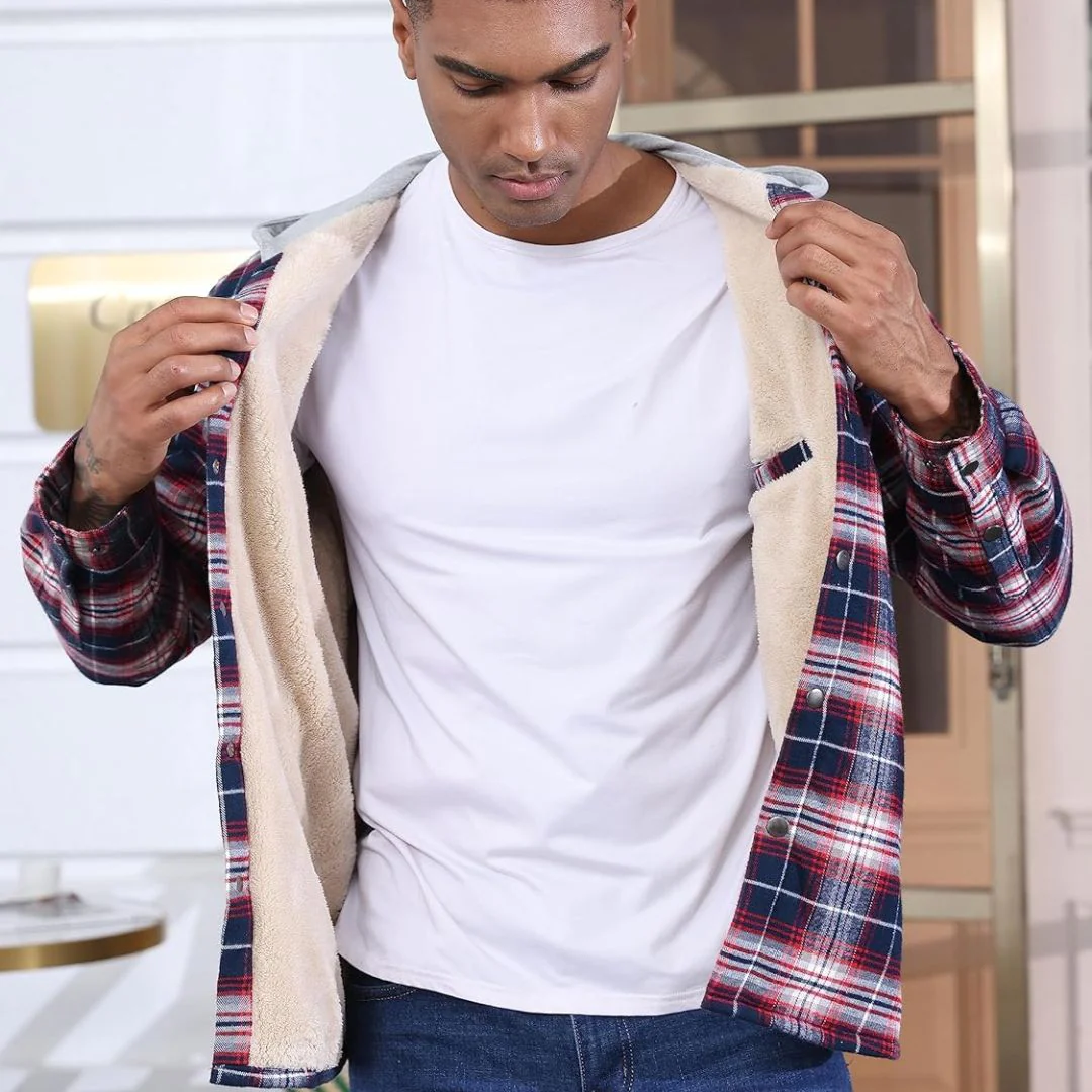 Men's Multiple Pockets Flannel Plaid Shirts Fleece Lining Jacket with Hood
