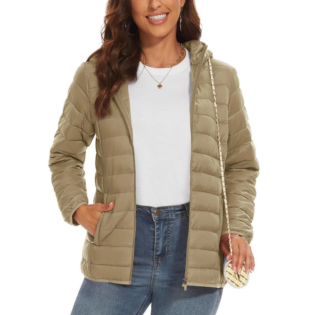 Women's Lightweight Puffer Full-zip Water-Resistant Winter Coat with Hood