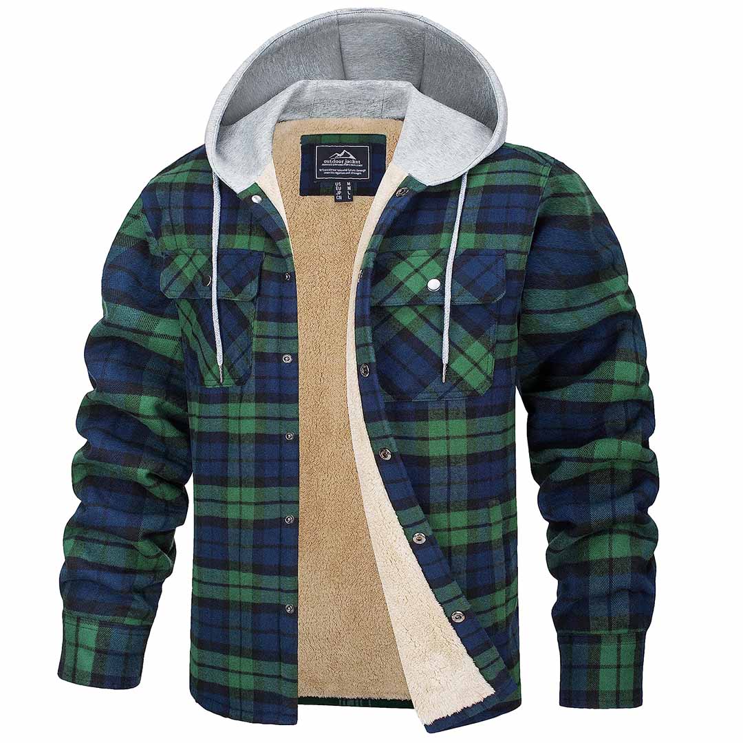 Men's Multiple Pockets Flannel Plaid Shirts Fleece Lining Jacket with Hood