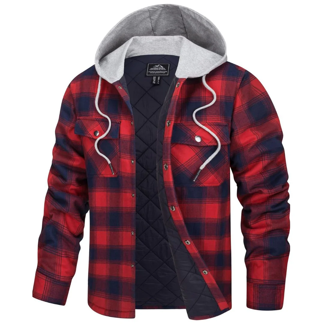 Men's Hooded Thick Plaid Flannel Long Sleeve Winter Cotton Coat with Pockets