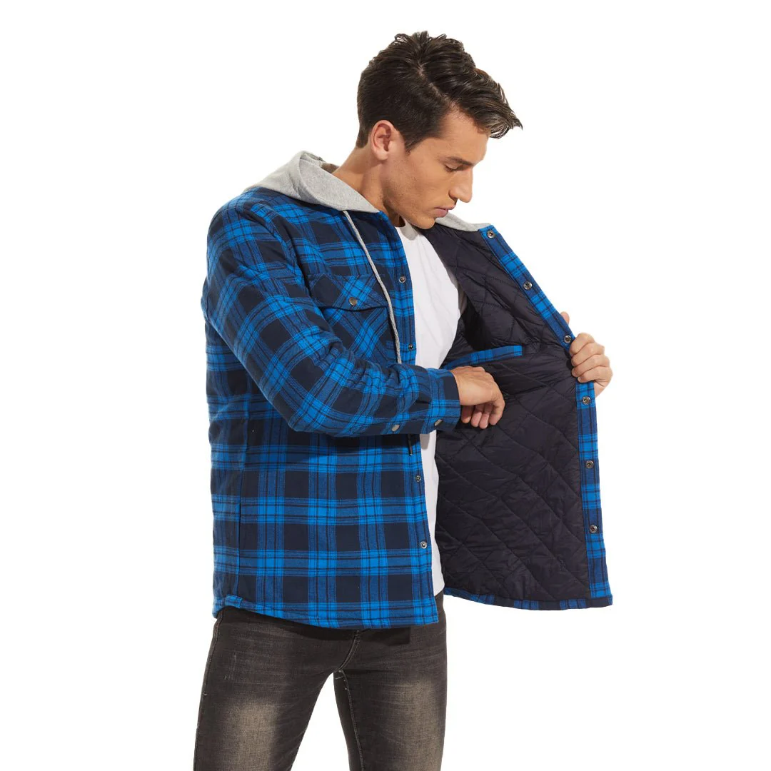 Men's Hooded Thick Plaid Flannel Long Sleeve Winter Cotton Coat with Pockets