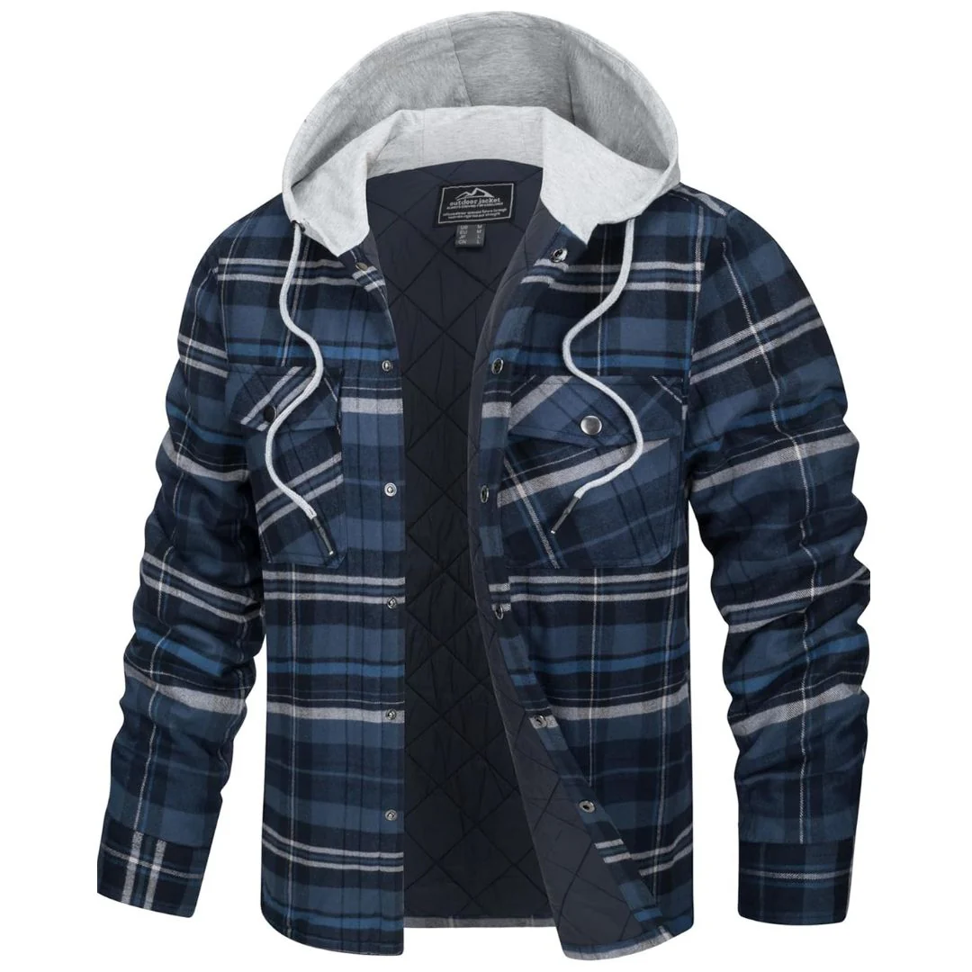 Men's Hooded Thick Plaid Flannel Long Sleeve Winter Cotton Coat with Pockets