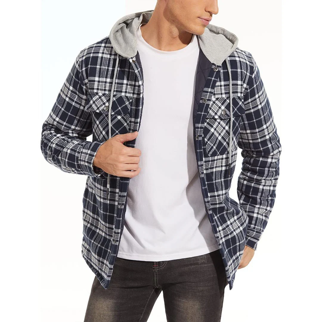 Men's Hooded Thick Plaid Flannel Long Sleeve Winter Cotton Coat with Pockets