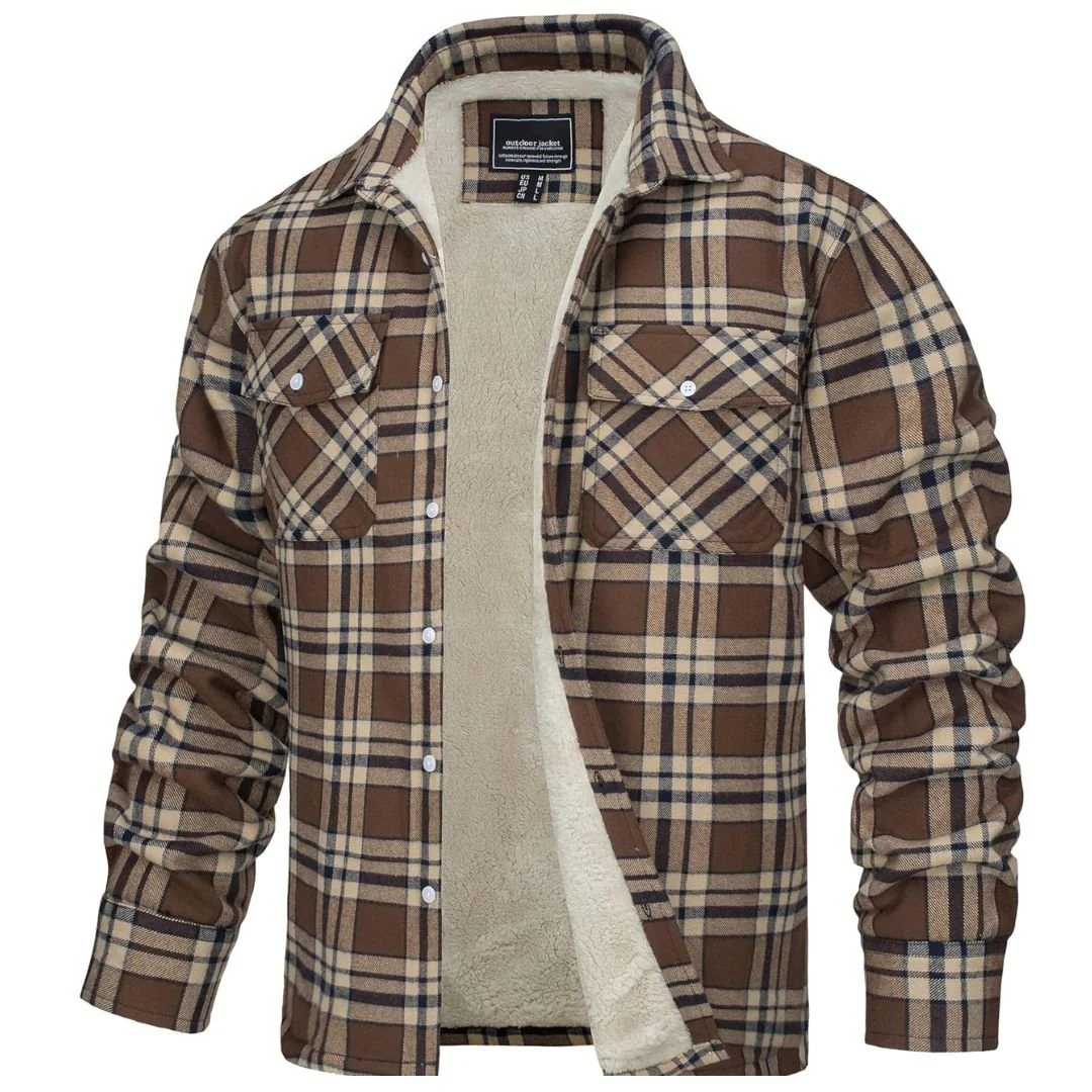 Men's Fleece Jackets Flannel Work Shirt Casual Button Down Coat