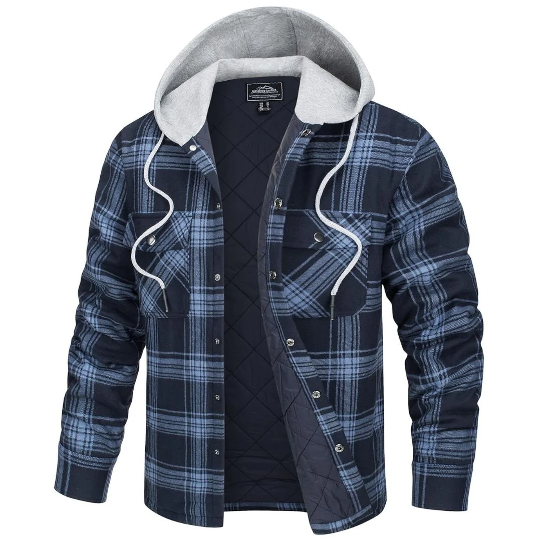 Men's Hooded Thick Plaid Flannel Long Sleeve Winter Cotton Coat with Pockets
