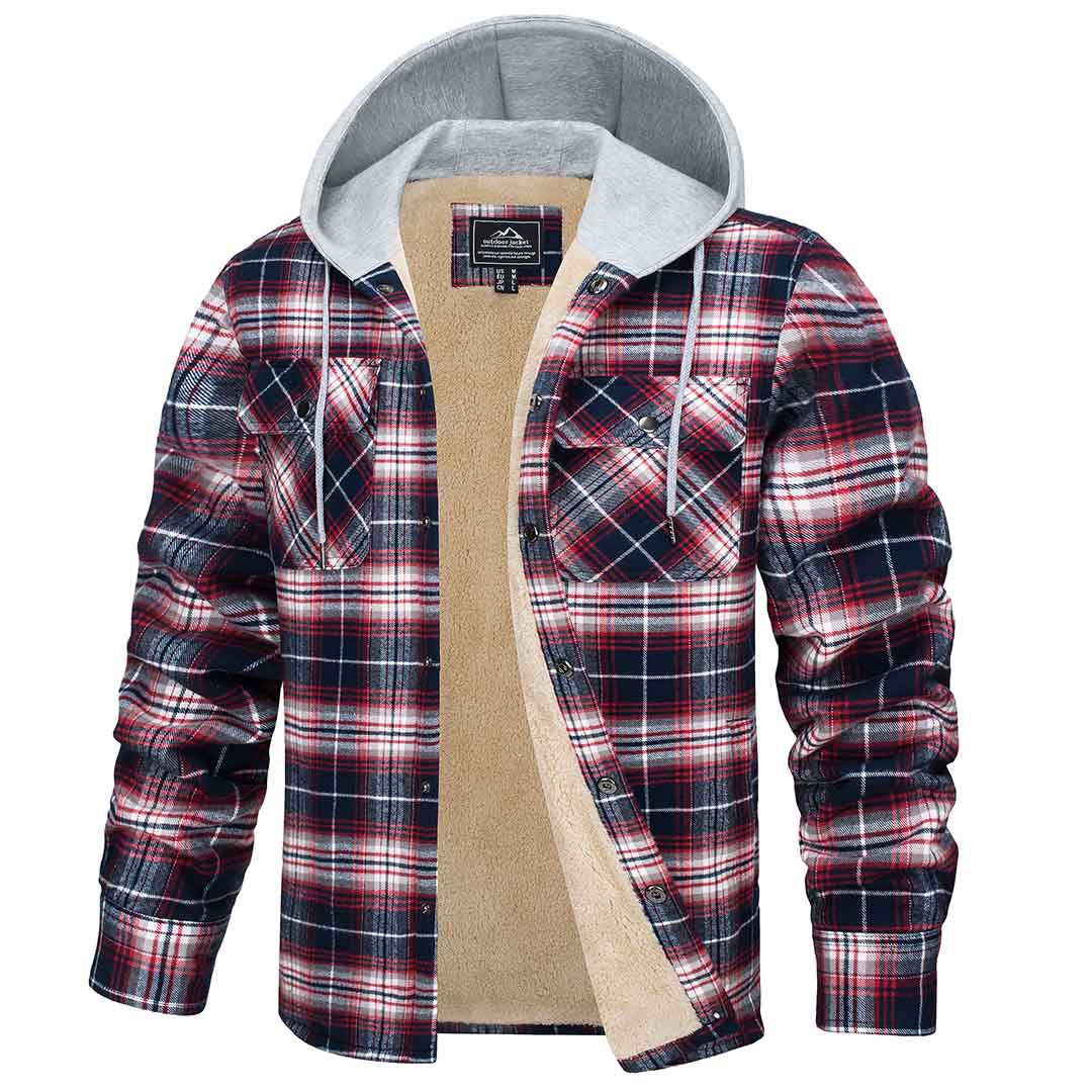 Men's Multiple Pockets Flannel Plaid Shirts Fleece Lining Jacket with Hood