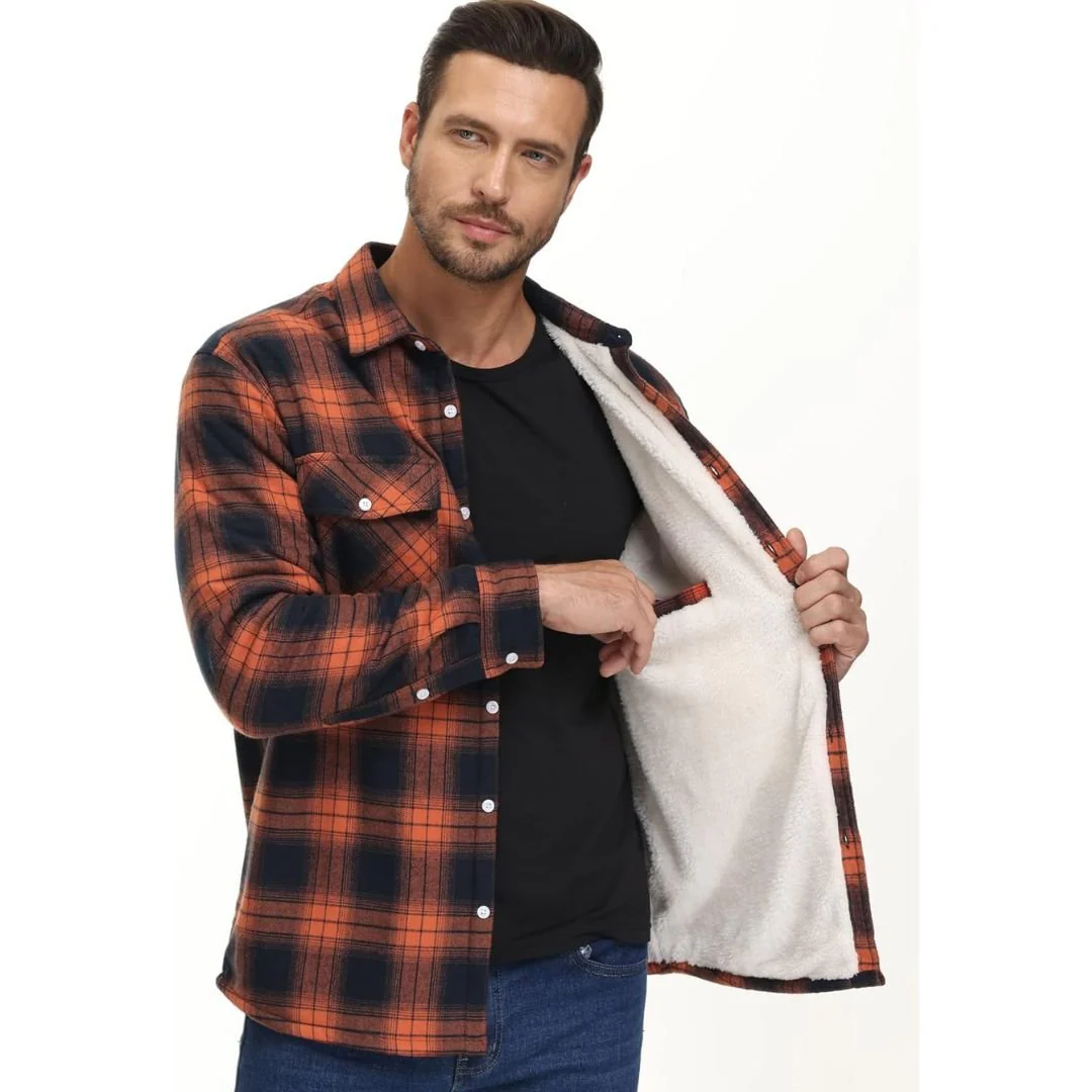 Men's Fleece Jackets Flannel Work Shirt Casual Button Down Coat