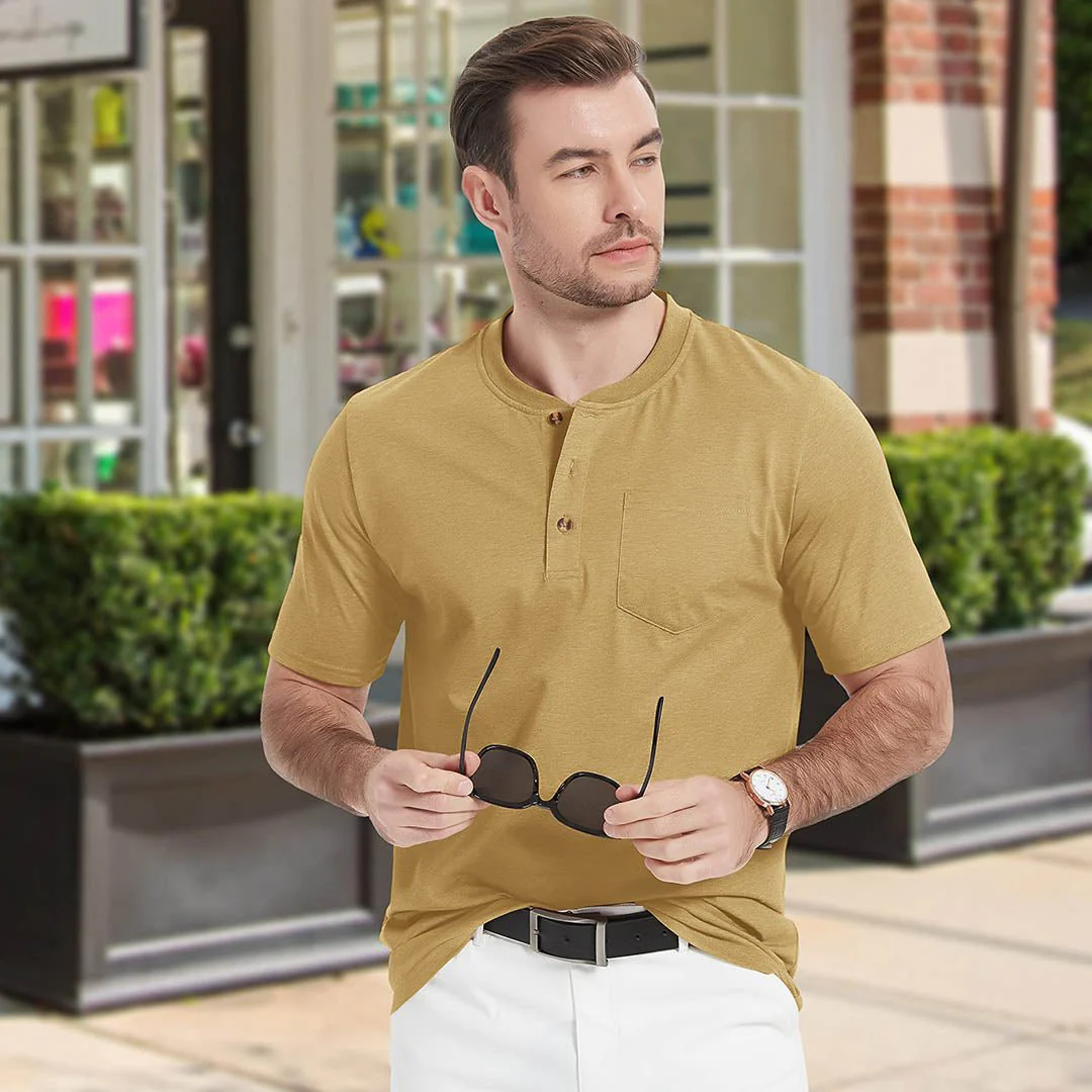 Men's Cotton Casual Henley T-Shirt with Pocket
