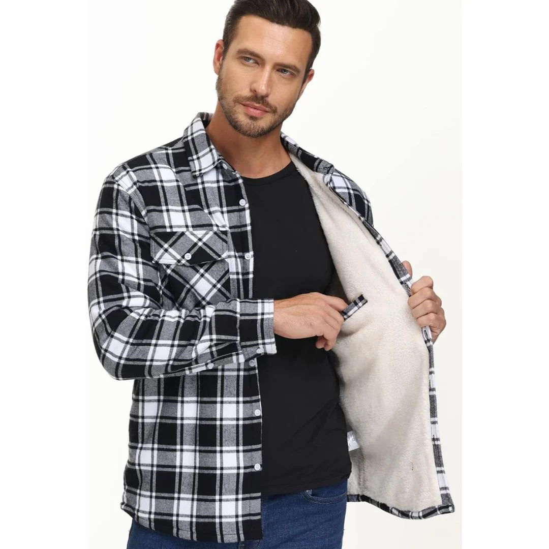 Men's Fleece Jackets Flannel Work Shirt Casual Button Down Coat