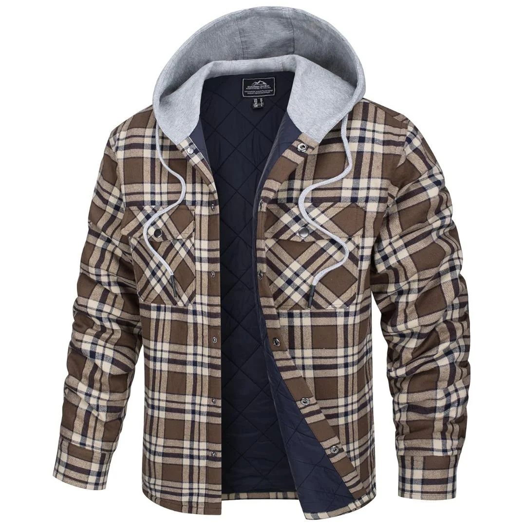 Men's Hooded Thick Plaid Flannel Long Sleeve Winter Cotton Coat with Pockets