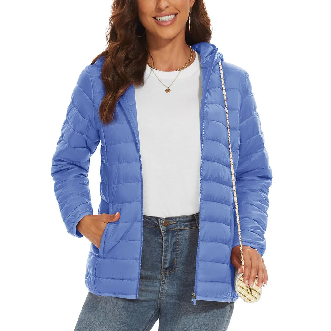 Women's Lightweight Puffer Full-zip Water-Resistant Winter Coat with Hood