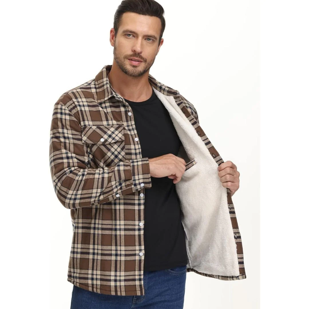 Men's Fleece Jackets Flannel Work Shirt Casual Button Down Coat