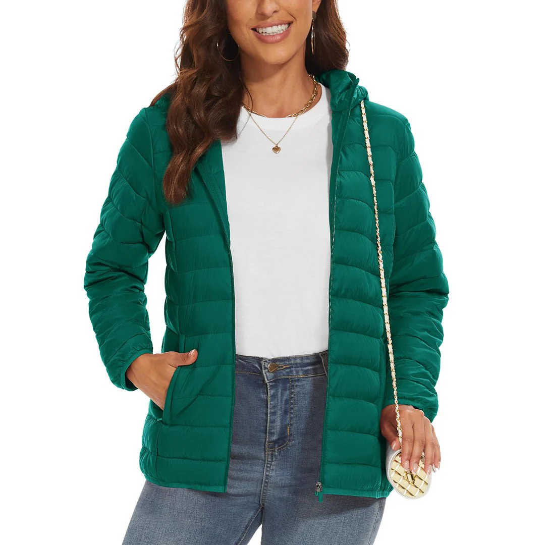 Women's Lightweight Puffer Full-zip Water-Resistant Winter Coat with Hood