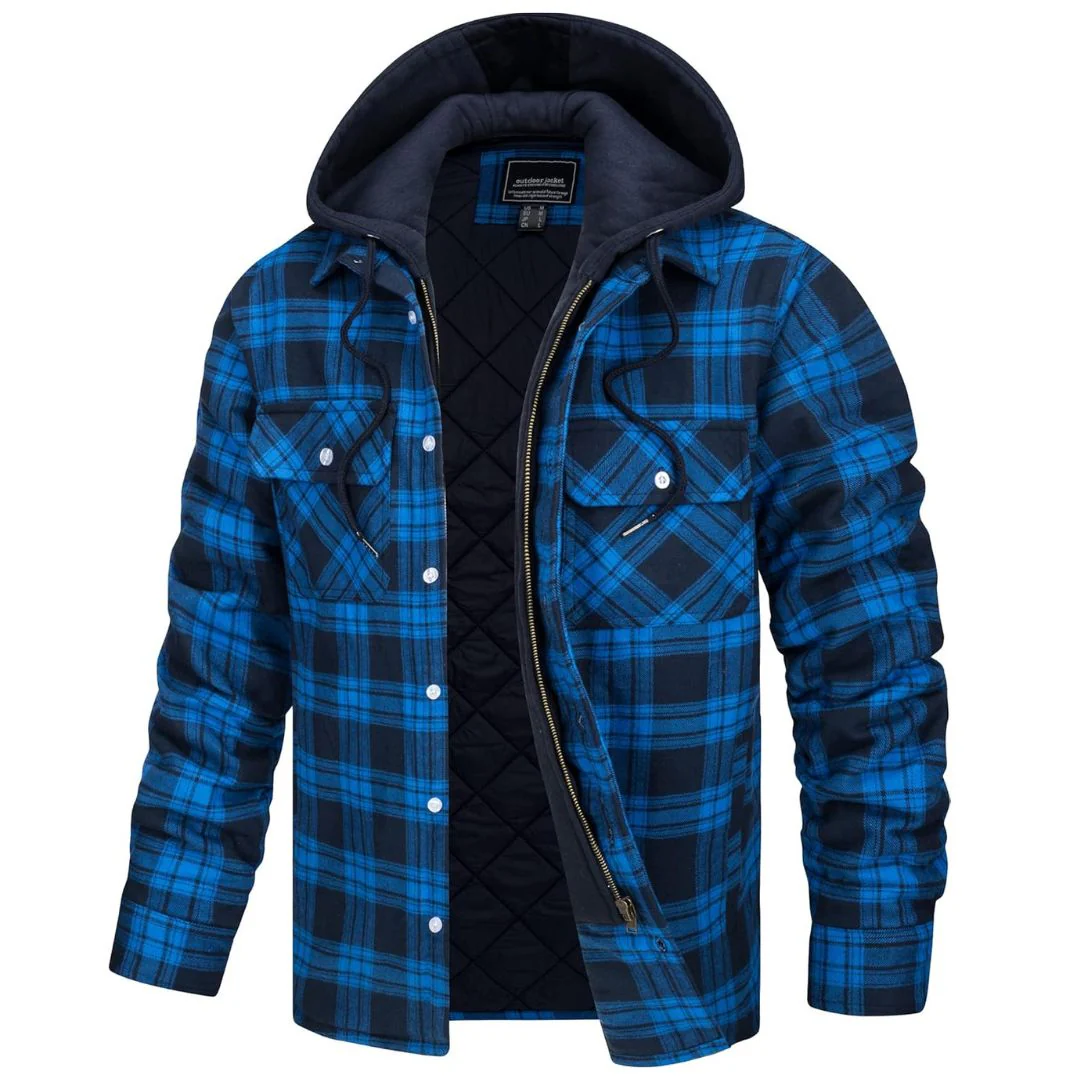 Men's Winter Thick Zip Plaid Flannel Shirts Detachable Hood Quilted