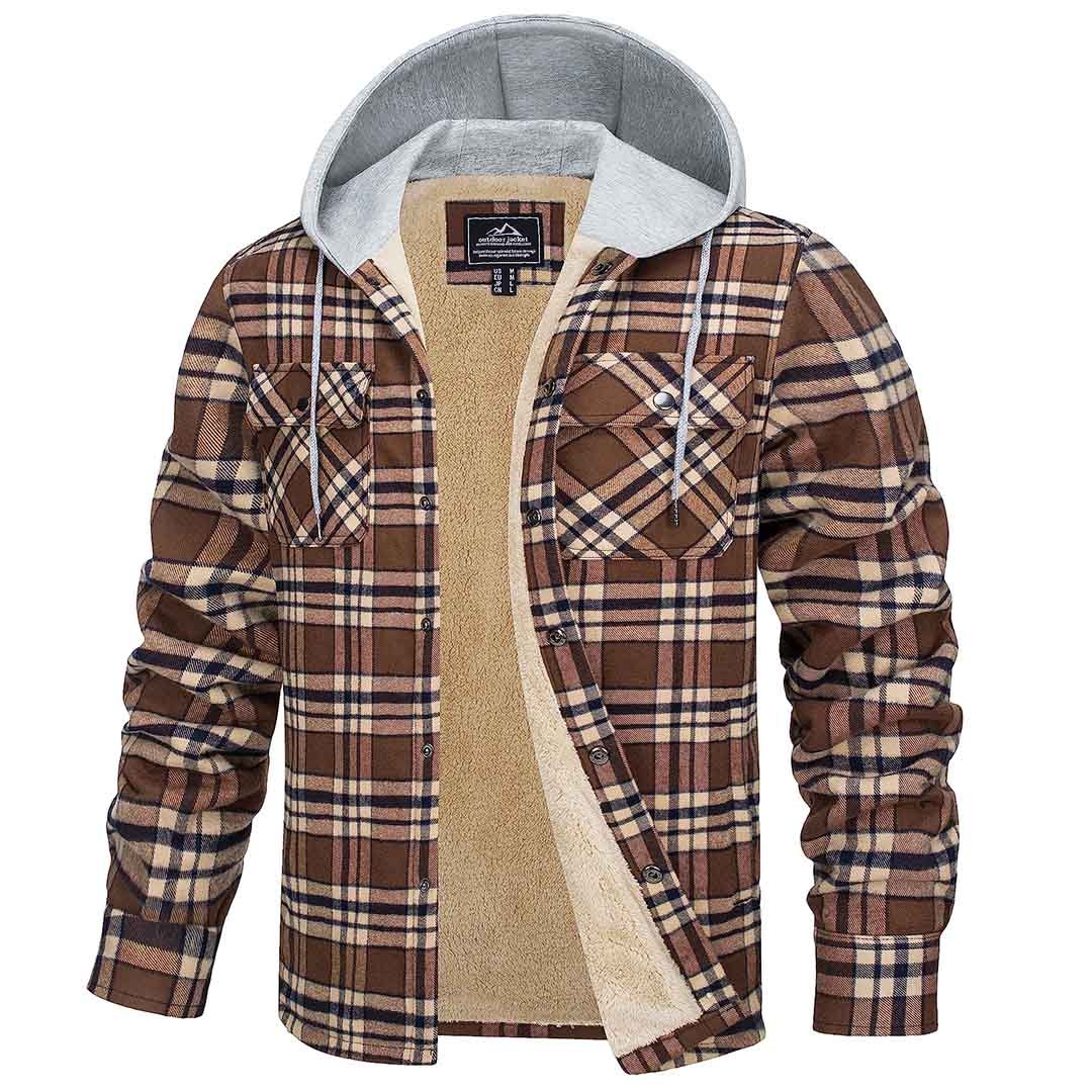 Men's Multiple Pockets Flannel Plaid Shirts Fleece Lining Jacket with Hood