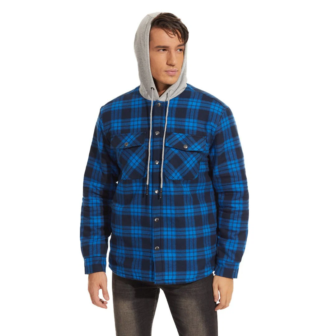 Men's Hooded Thick Plaid Flannel Long Sleeve Winter Cotton Coat with Pockets