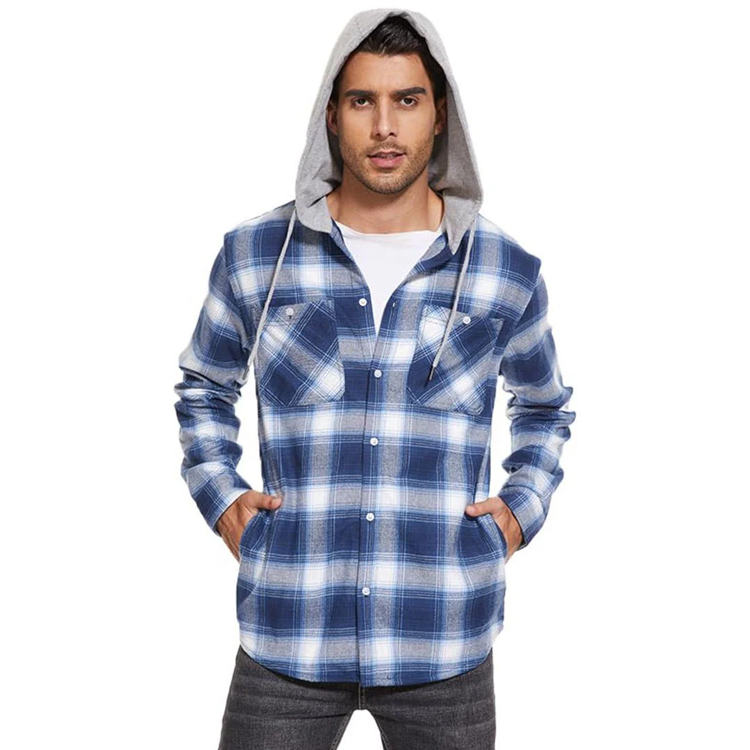 Men's Hooded Shirts Long Sleeve Casual Buffalo Plaid Button