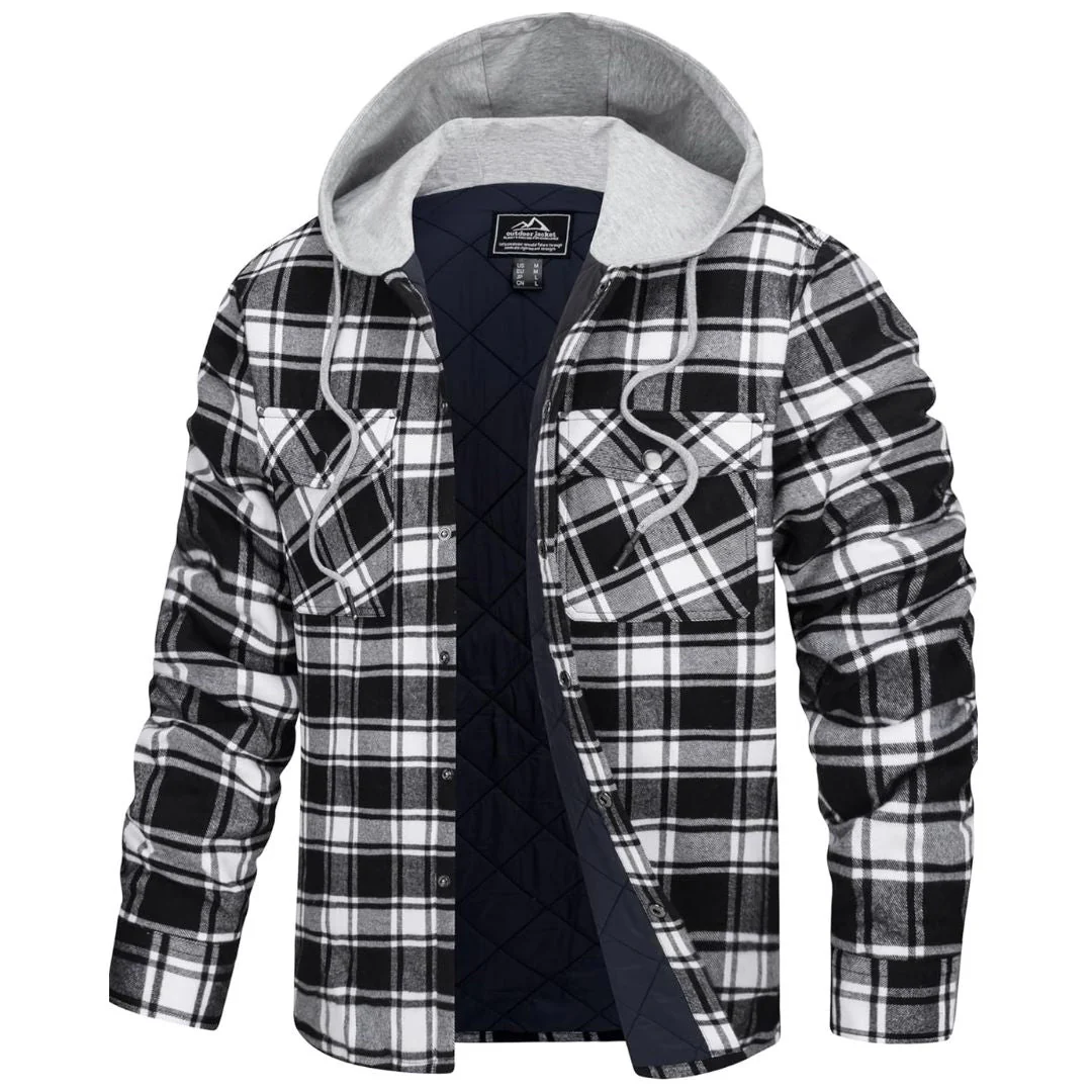 Men's Hooded Thick Plaid Flannel Long Sleeve Winter Cotton Coat with Pockets