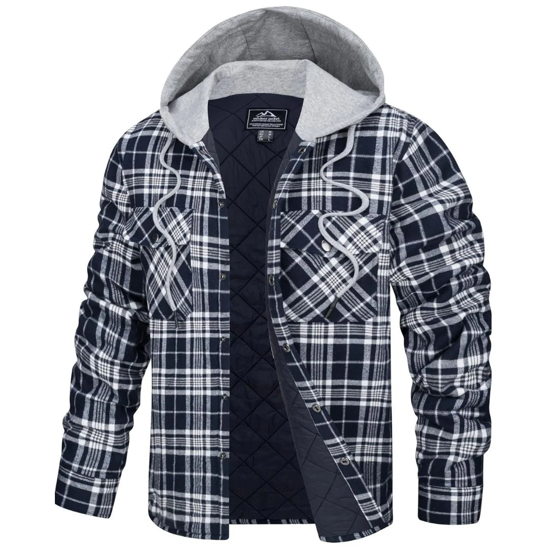 Men's Hooded Thick Plaid Flannel Long Sleeve Winter Cotton Coat with Pockets
