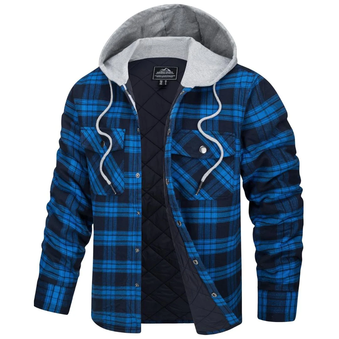Men's Hooded Thick Plaid Flannel Long Sleeve Winter Cotton Coat with Pockets