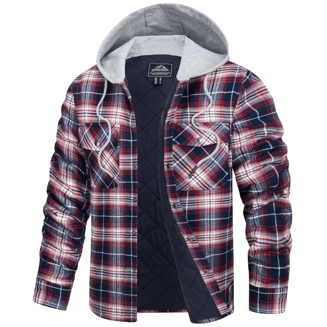 Men's Hooded Thick Plaid Flannel Long Sleeve Winter Cotton Coat with Pockets