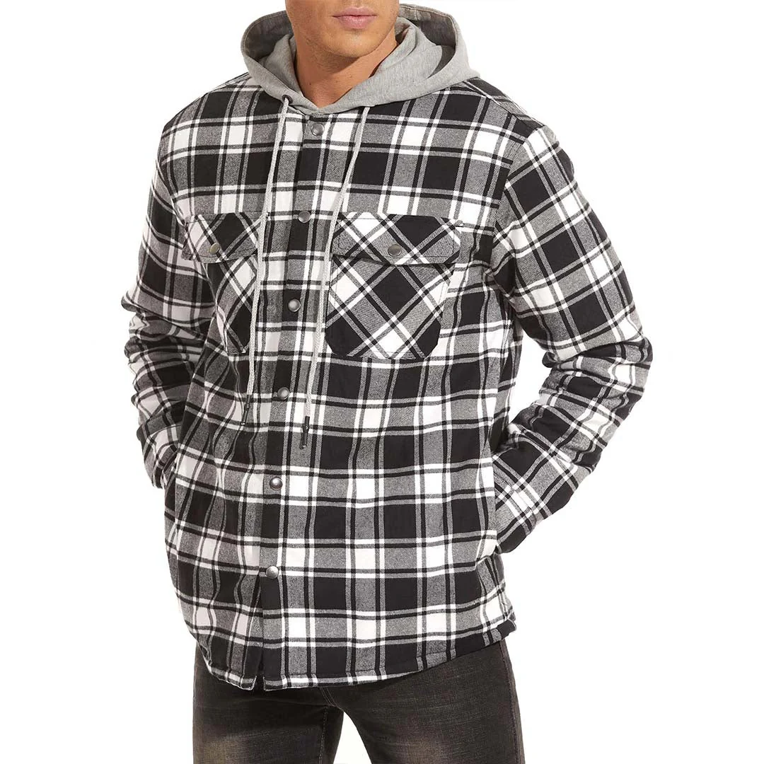 Men's Hooded Thick Plaid Flannel Long Sleeve Winter Cotton Coat with Pockets